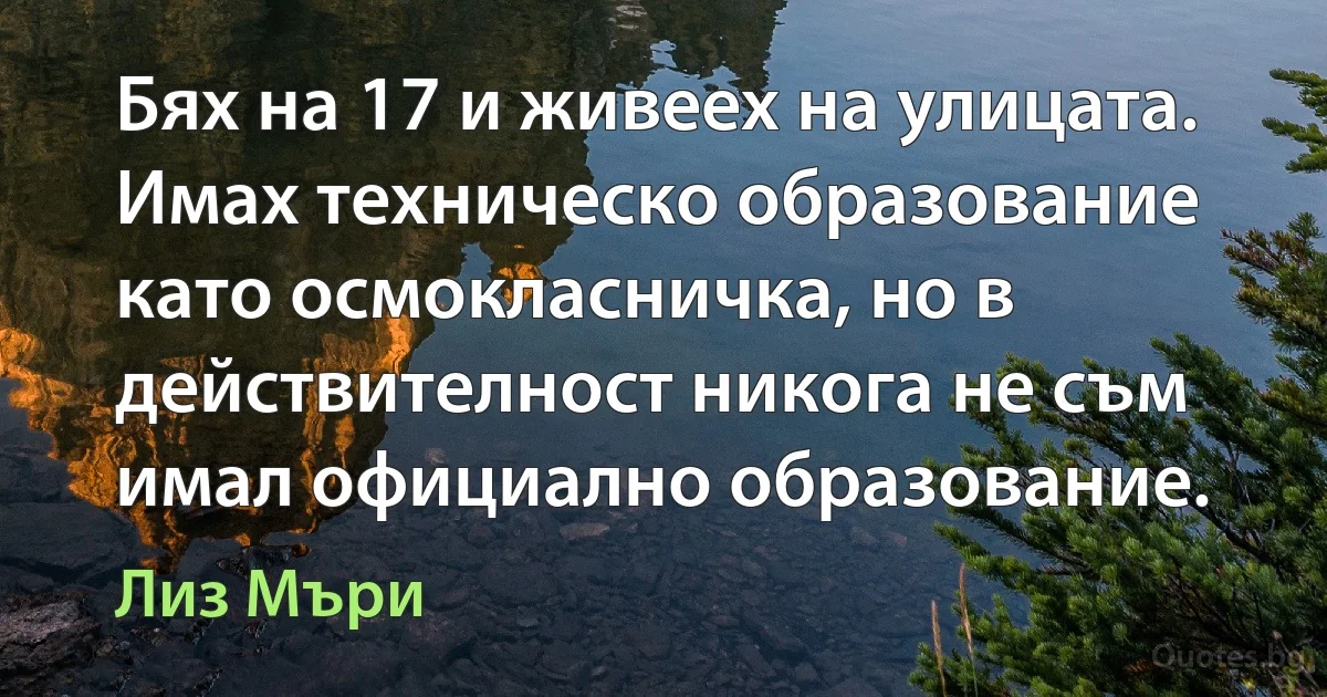 Бях на 17 и живеех на улицата. Имах техническо образование като осмокласничка, но в действителност никога не съм имал официално образование. (Лиз Мъри)