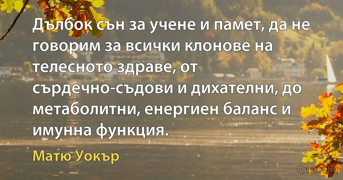 Дълбок сън за учене и памет, да не говорим за всички клонове на телесното здраве, от сърдечно-съдови и дихателни, до метаболитни, енергиен баланс и имунна функция. (Матю Уокър)