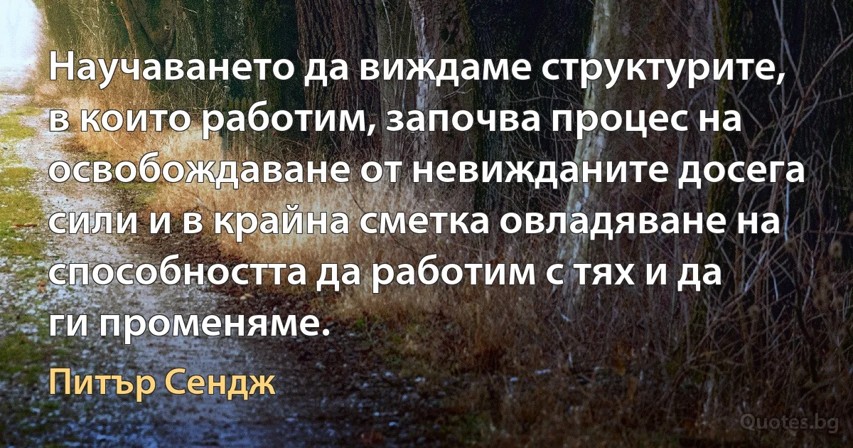 Научаването да виждаме структурите, в които работим, започва процес на освобождаване от невижданите досега сили и в крайна сметка овладяване на способността да работим с тях и да ги променяме. (Питър Сендж)