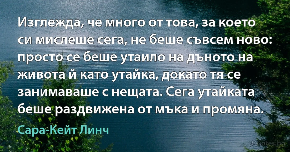 Изглежда, че много от това, за което си мислеше сега, не беше съвсем ново: просто се беше утаило на дъното на живота й като утайка, докато тя се занимаваше с нещата. Сега утайката беше раздвижена от мъка и промяна. (Сара-Кейт Линч)