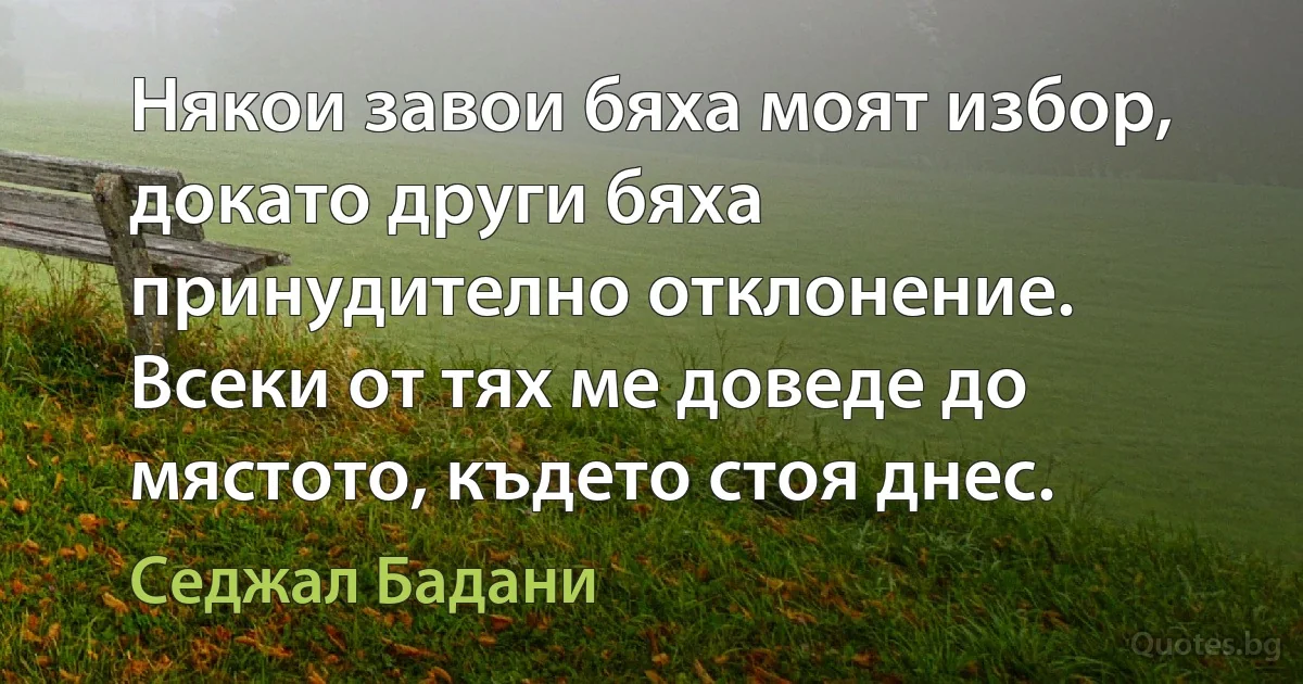 Някои завои бяха моят избор, докато други бяха принудително отклонение. Всеки от тях ме доведе до мястото, където стоя днес. (Седжал Бадани)