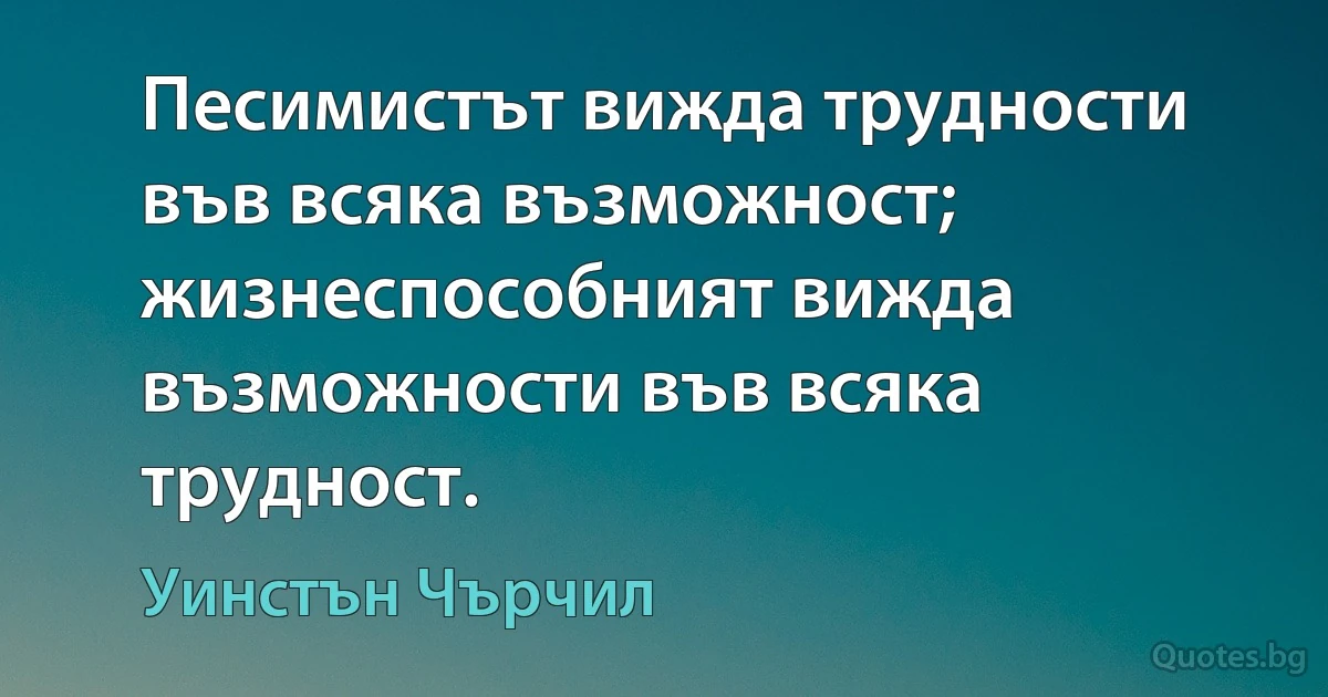 Песимистът вижда трудности във всяка възможност; жизнеспособният вижда възможности във всяка трудност. (Уинстън Чърчил)