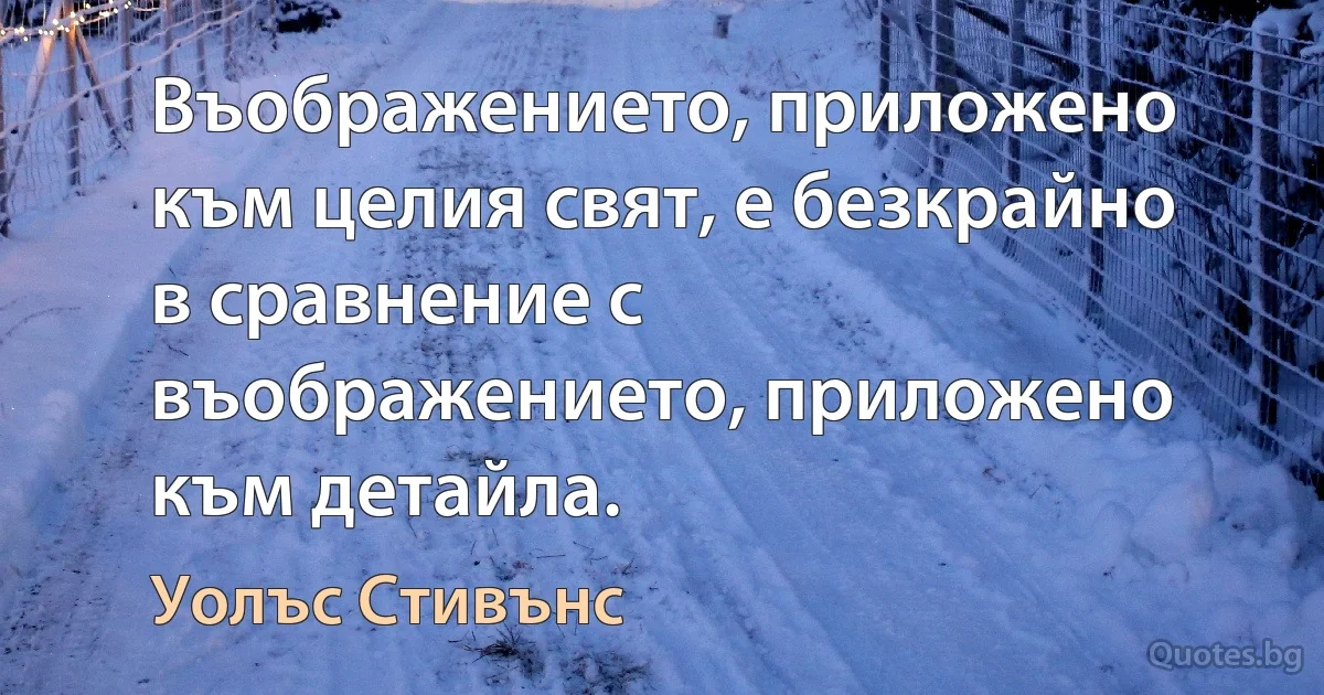 Въображението, приложено към целия свят, е безкрайно в сравнение с въображението, приложено към детайла. (Уолъс Стивънс)