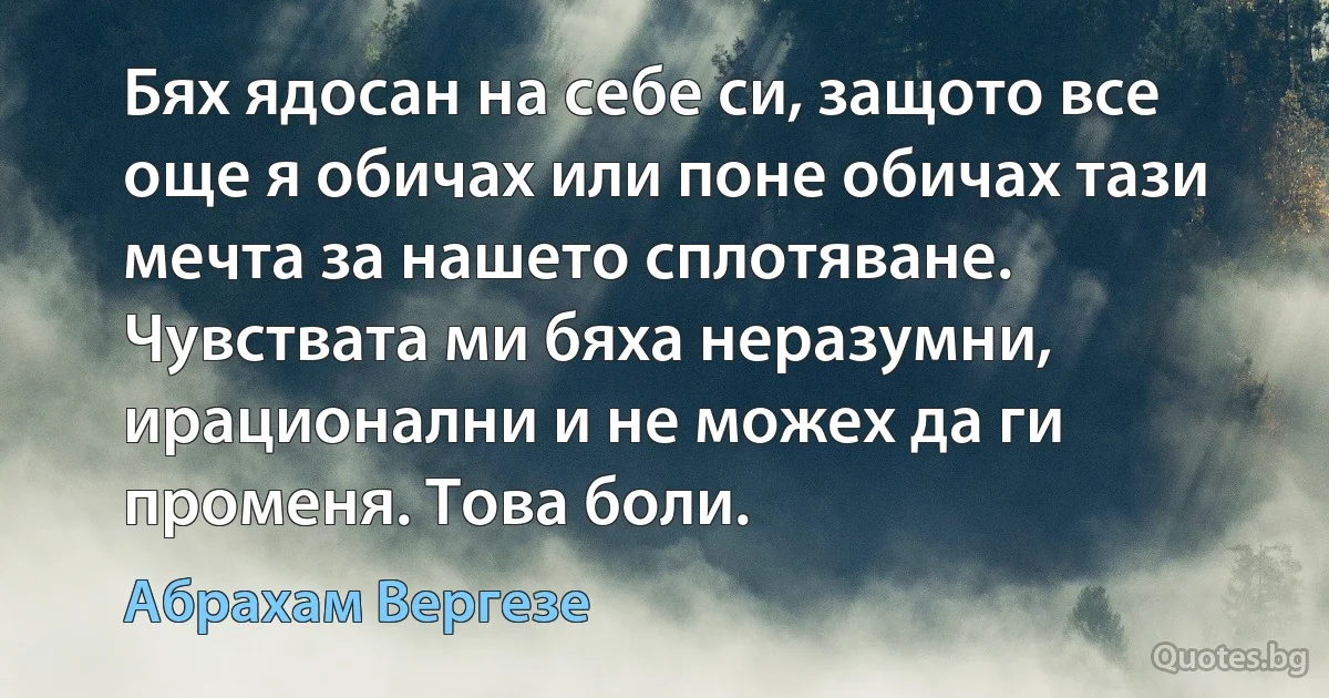 Бях ядосан на себе си, защото все още я обичах или поне обичах тази мечта за нашето сплотяване. Чувствата ми бяха неразумни, ирационални и не можех да ги променя. Това боли. (Абрахам Вергезе)