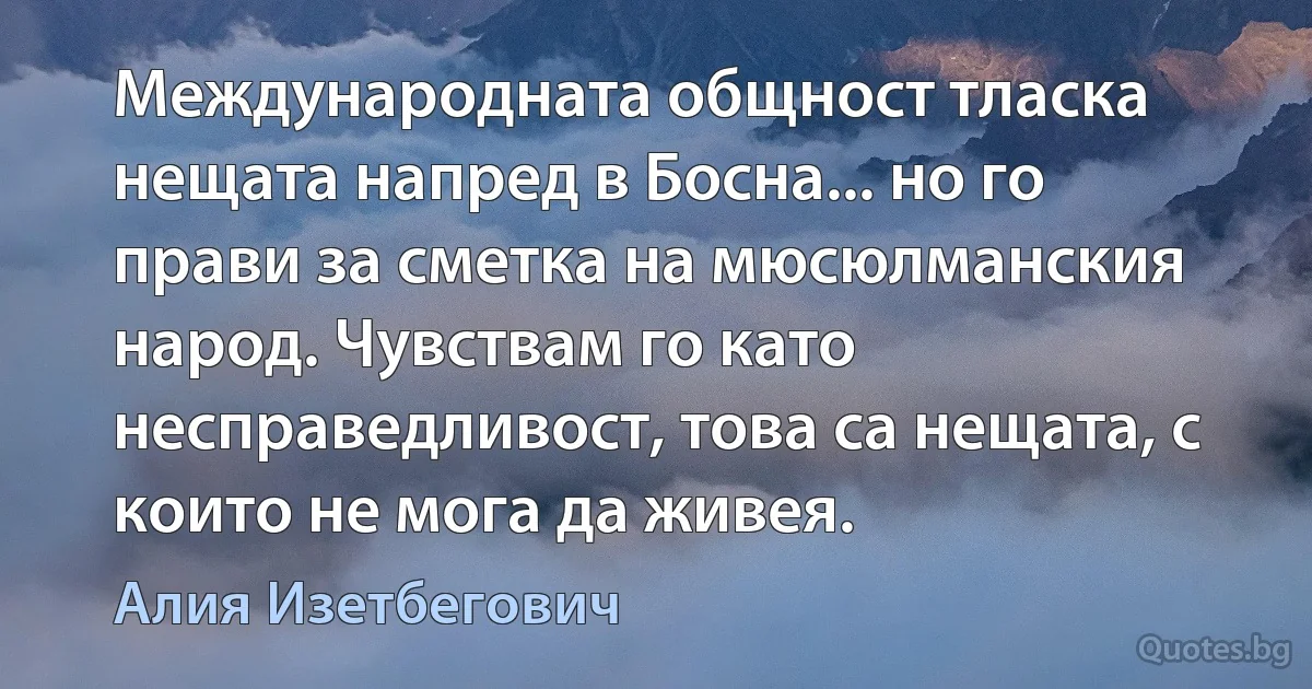 Международната общност тласка нещата напред в Босна... но го прави за сметка на мюсюлманския народ. Чувствам го като несправедливост, това са нещата, с които не мога да живея. (Алия Изетбегович)