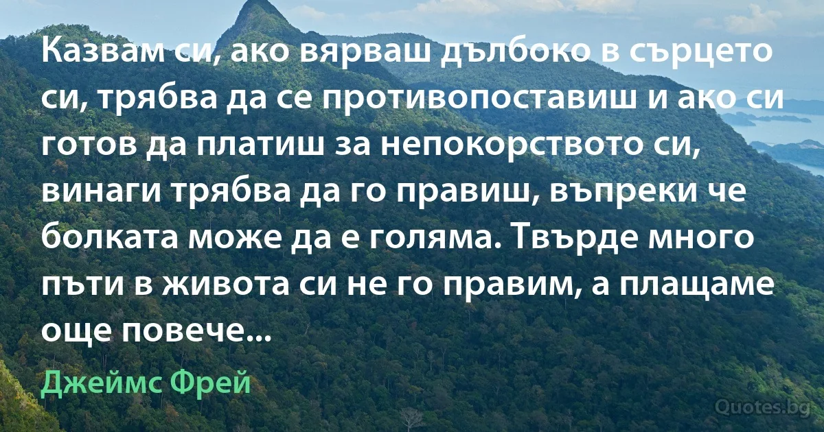 Казвам си, ако вярваш дълбоко в сърцето си, трябва да се противопоставиш и ако си готов да платиш за непокорството си, винаги трябва да го правиш, въпреки че болката може да е голяма. Твърде много пъти в живота си не го правим, а плащаме още повече... (Джеймс Фрей)