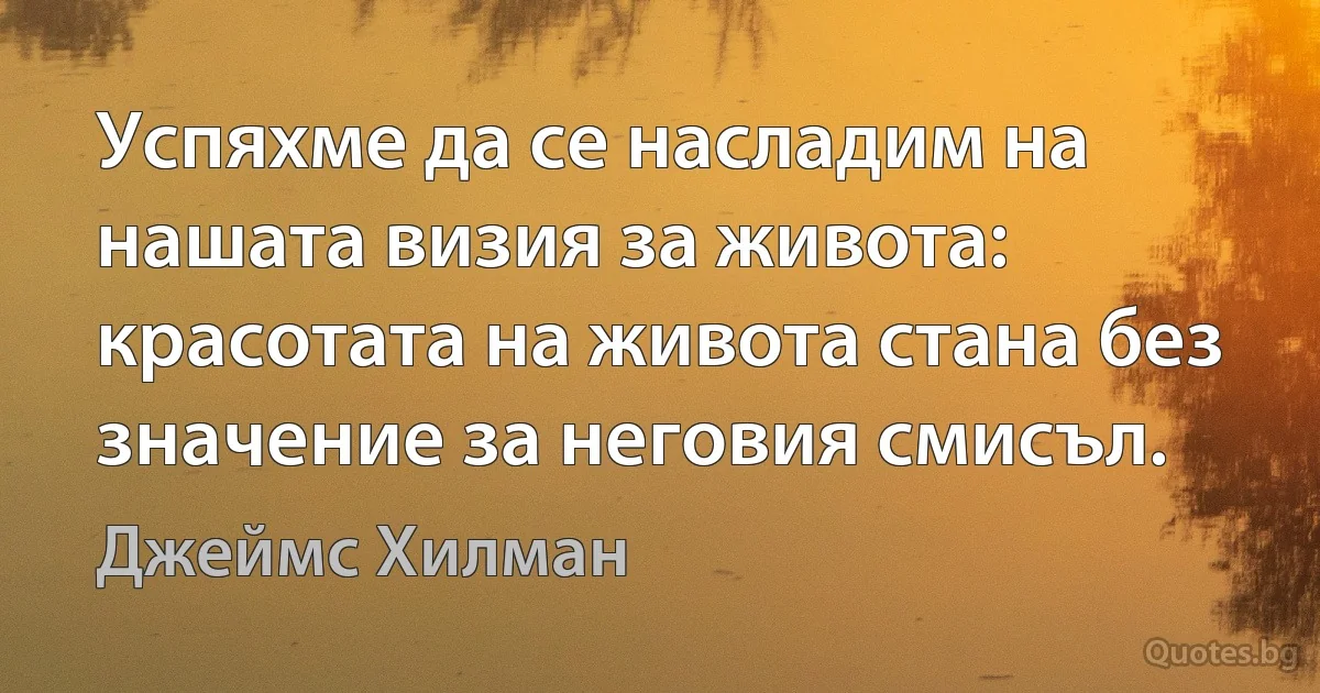 Успяхме да се насладим на нашата визия за живота: красотата на живота стана без значение за неговия смисъл. (Джеймс Хилман)