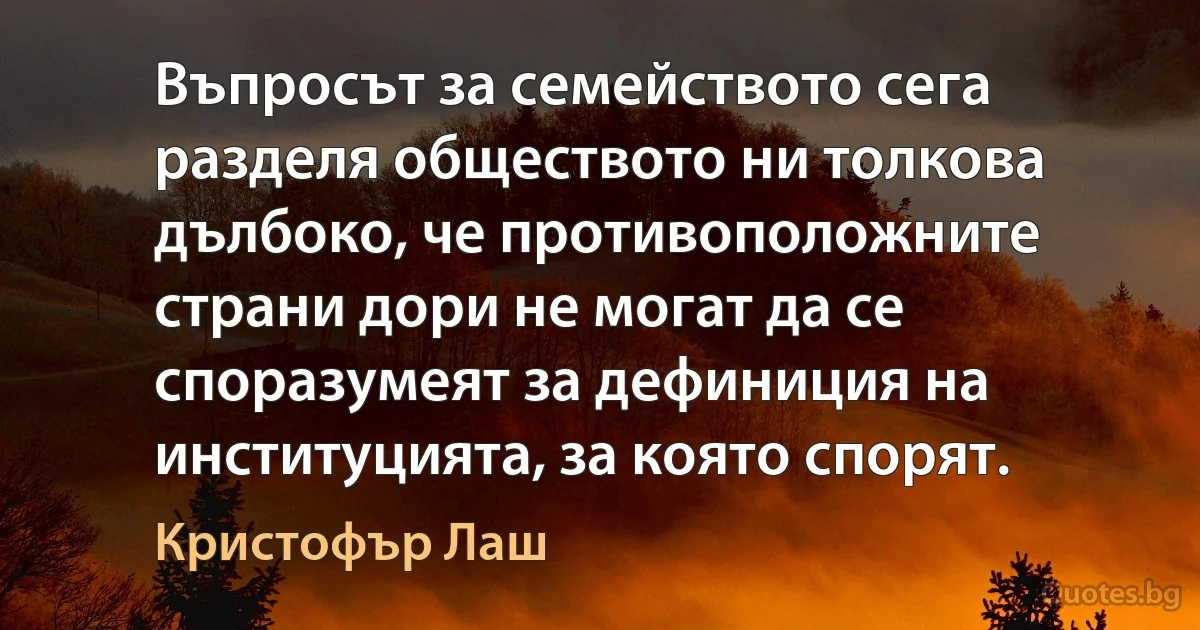 Въпросът за семейството сега разделя обществото ни толкова дълбоко, че противоположните страни дори не могат да се споразумеят за дефиниция на институцията, за която спорят. (Кристофър Лаш)