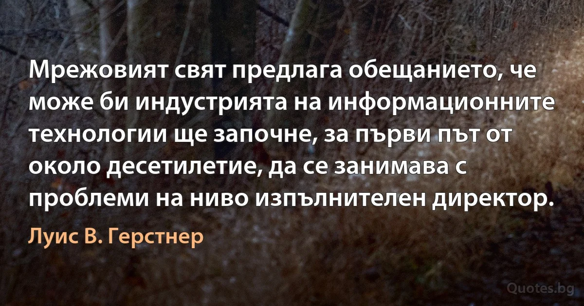 Мрежовият свят предлага обещанието, че може би индустрията на информационните технологии ще започне, за първи път от около десетилетие, да се занимава с проблеми на ниво изпълнителен директор. (Луис В. Герстнер)