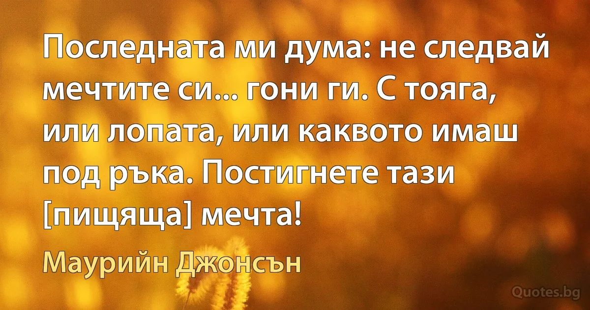 Последната ми дума: не следвай мечтите си... гони ги. С тояга, или лопата, или каквото имаш под ръка. Постигнете тази [пищяща] мечта! (Маурийн Джонсън)