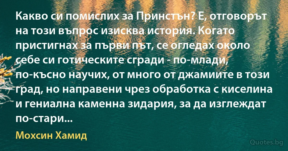 Какво си помислих за Принстън? Е, отговорът на този въпрос изисква история. Когато пристигнах за първи път, се огледах около себе си готическите сгради - по-млади, по-късно научих, от много от джамиите в този град, но направени чрез обработка с киселина и гениална каменна зидария, за да изглеждат по-стари... (Мохсин Хамид)