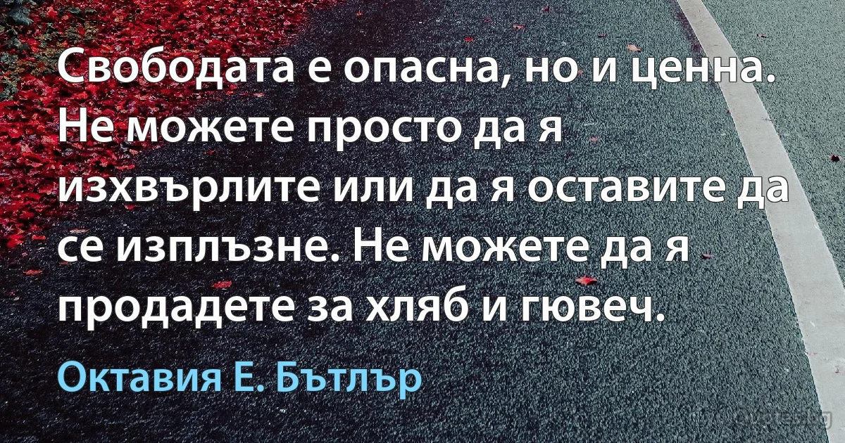 Свободата е опасна, но и ценна. Не можете просто да я изхвърлите или да я оставите да се изплъзне. Не можете да я продадете за хляб и гювеч. (Октавия Е. Бътлър)