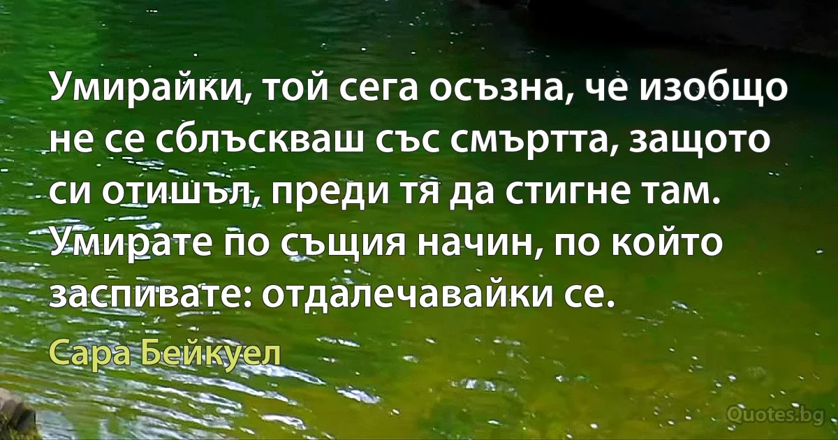 Умирайки, той сега осъзна, че изобщо не се сблъскваш със смъртта, защото си отишъл, преди тя да стигне там. Умирате по същия начин, по който заспивате: отдалечавайки се. (Сара Бейкуел)