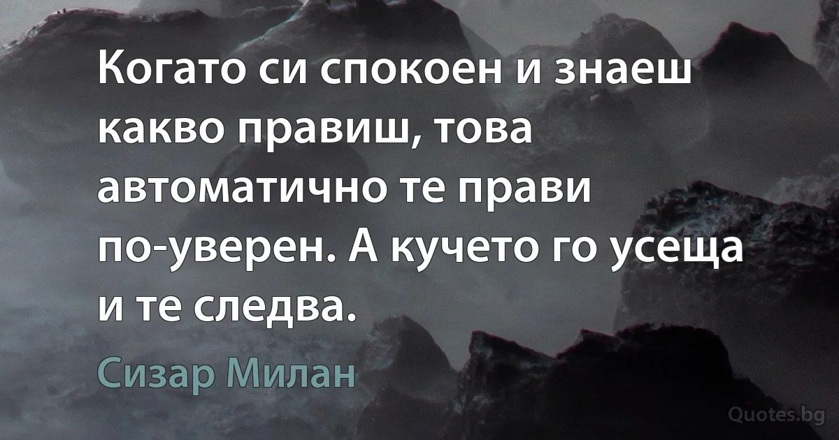 Когато си спокоен и знаеш какво правиш, това автоматично те прави по-уверен. А кучето го усеща и те следва. (Сизар Милан)