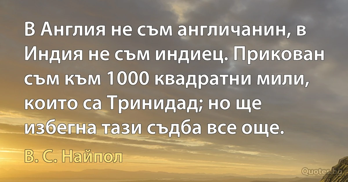 В Англия не съм англичанин, в Индия не съм индиец. Прикован съм към 1000 квадратни мили, които са Тринидад; но ще избегна тази съдба все още. (В. С. Найпол)