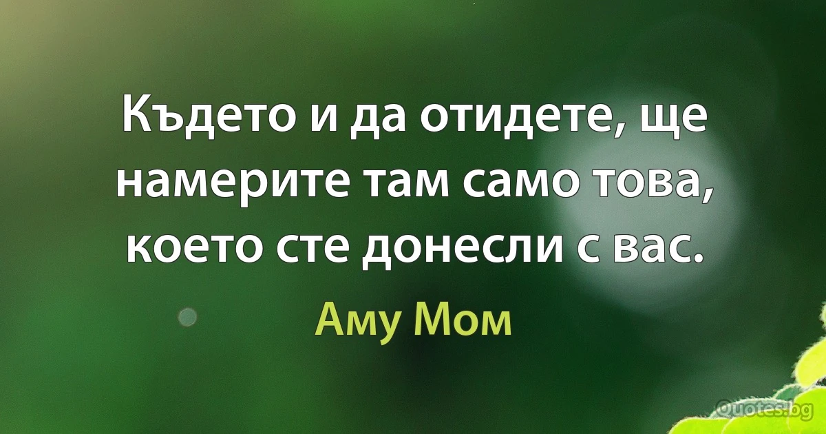 Където и да отидете, ще намерите там само това, което сте донесли с вас. (Аму Мом)