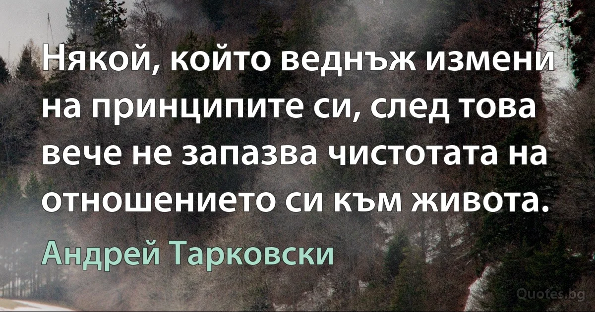 Някой, който веднъж измени на принципите си, след това вече не запазва чистотата на отношението си към живота. (Андрей Тарковски)