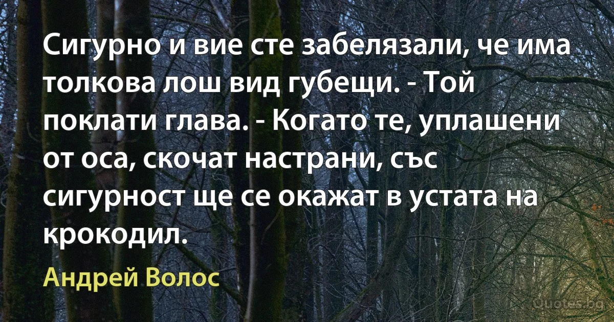 Сигурно и вие сте забелязали, че има толкова лош вид губещи. - Той поклати глава. - Когато те, уплашени от оса, скочат настрани, със сигурност ще се окажат в устата на крокодил. (Андрей Волос)