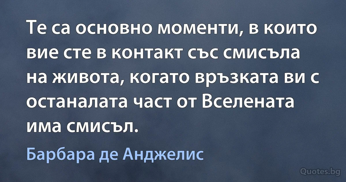 Те са основно моменти, в които вие сте в контакт със смисъла на живота, когато връзката ви с останалата част от Вселената има смисъл. (Барбара де Анджелис)