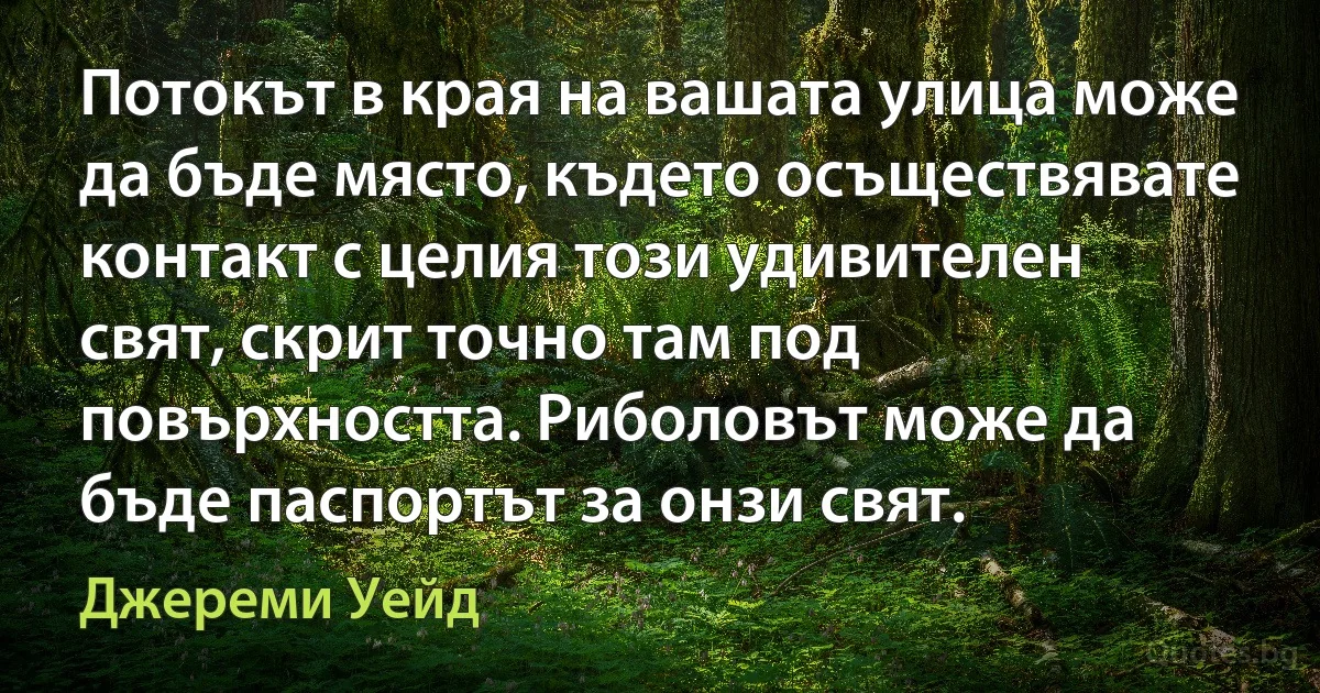 Потокът в края на вашата улица може да бъде място, където осъществявате контакт с целия този удивителен свят, скрит точно там под повърхността. Риболовът може да бъде паспортът за онзи свят. (Джереми Уейд)