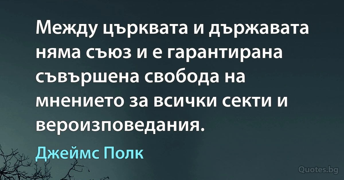 Между църквата и държавата няма съюз и е гарантирана съвършена свобода на мнението за всички секти и вероизповедания. (Джеймс Полк)