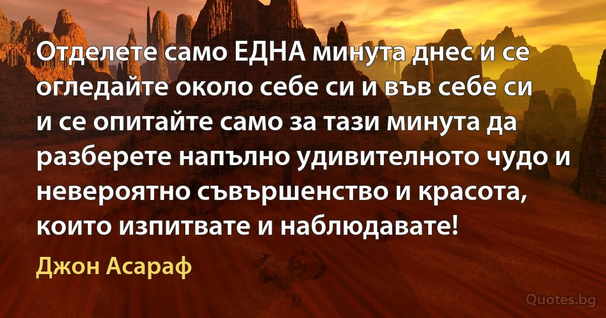 Отделете само ЕДНА минута днес и се огледайте около себе си и във себе си и се опитайте само за тази минута да разберете напълно удивителното чудо и невероятно съвършенство и красота, които изпитвате и наблюдавате! (Джон Асараф)