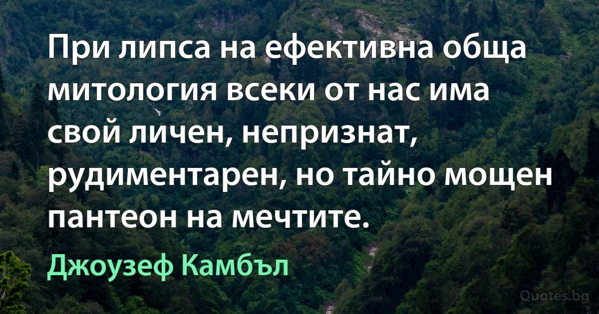 При липса на ефективна обща митология всеки от нас има свой личен, непризнат, рудиментарен, но тайно мощен пантеон на мечтите. (Джоузеф Камбъл)