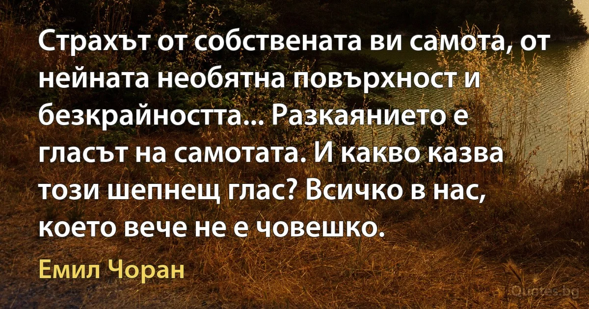 Страхът от собствената ви самота, от нейната необятна повърхност и безкрайността... Разкаянието е гласът на самотата. И какво казва този шепнещ глас? Всичко в нас, което вече не е човешко. (Емил Чоран)