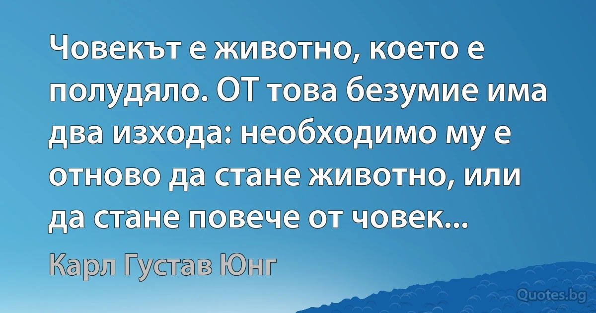 Човекът е животно, което е полудяло. ОТ това безумие има два изхода: необходимо му е отново да стане животно, или да стане повече от човек... (Карл Густав Юнг)