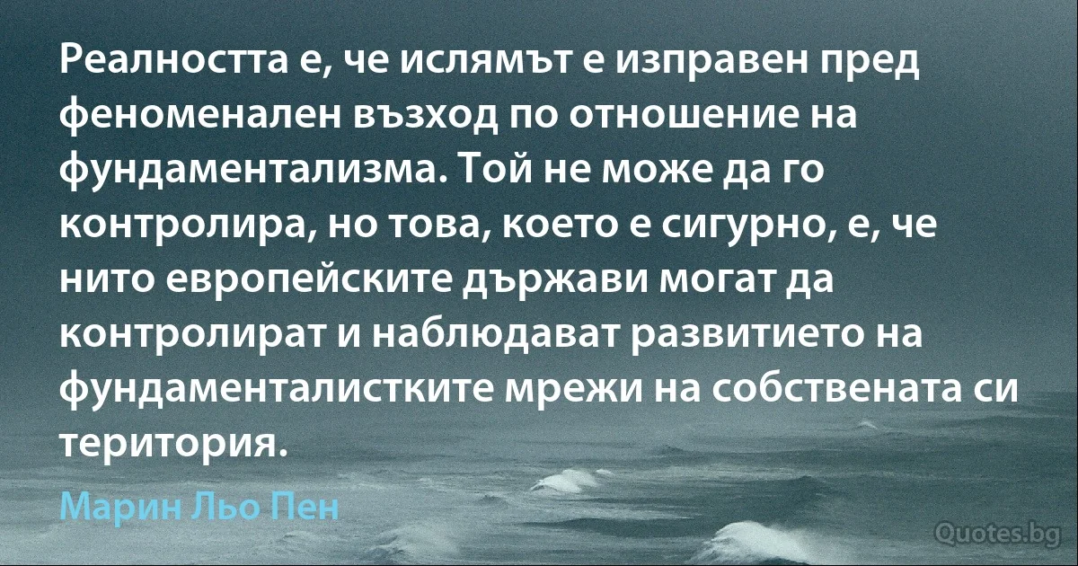 Реалността е, че ислямът е изправен пред феноменален възход по отношение на фундаментализма. Той не може да го контролира, но това, което е сигурно, е, че нито европейските държави могат да контролират и наблюдават развитието на фундаменталистките мрежи на собствената си територия. (Марин Льо Пен)