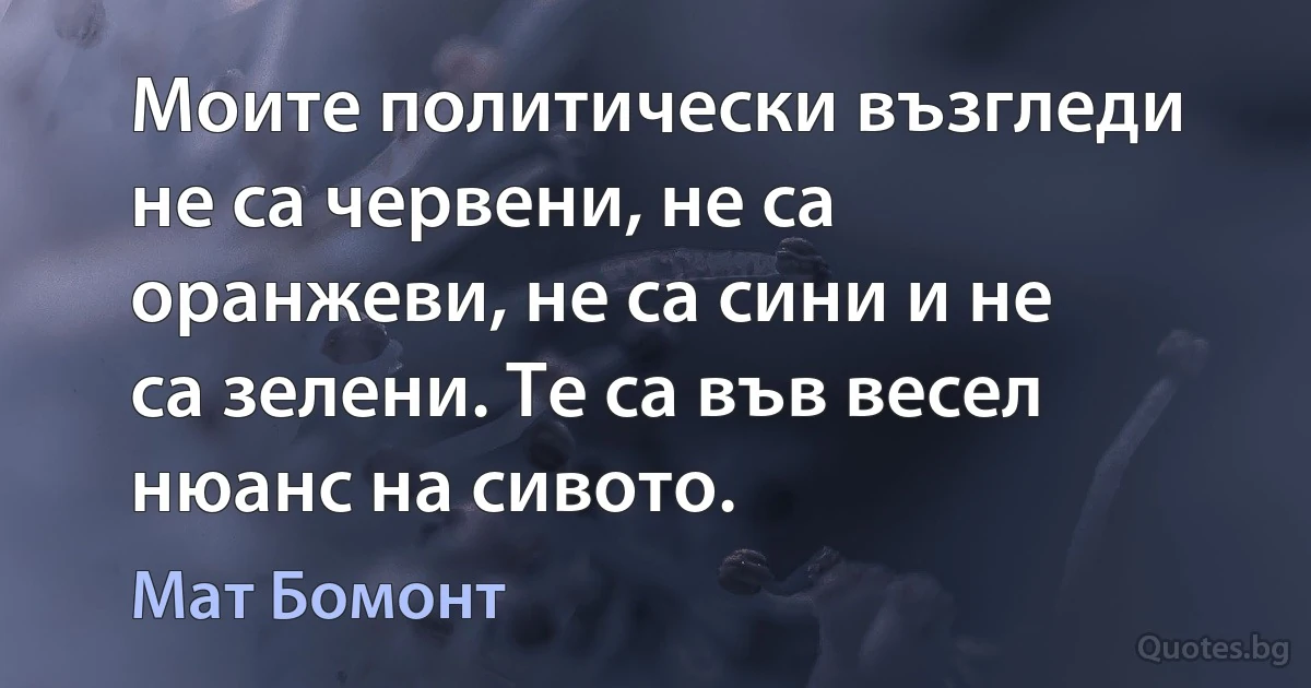 Моите политически възгледи не са червени, не са оранжеви, не са сини и не са зелени. Те са във весел нюанс на сивото. (Мат Бомонт)