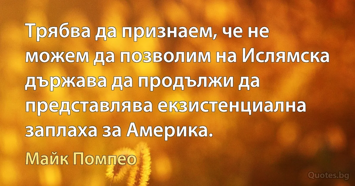 Трябва да признаем, че не можем да позволим на Ислямска държава да продължи да представлява екзистенциална заплаха за Америка. (Майк Помпео)