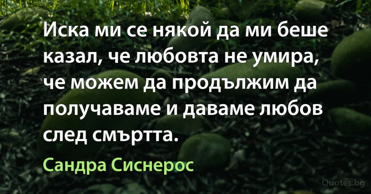 Иска ми се някой да ми беше казал, че любовта не умира, че можем да продължим да получаваме и даваме любов след смъртта. (Сандра Сиснерос)