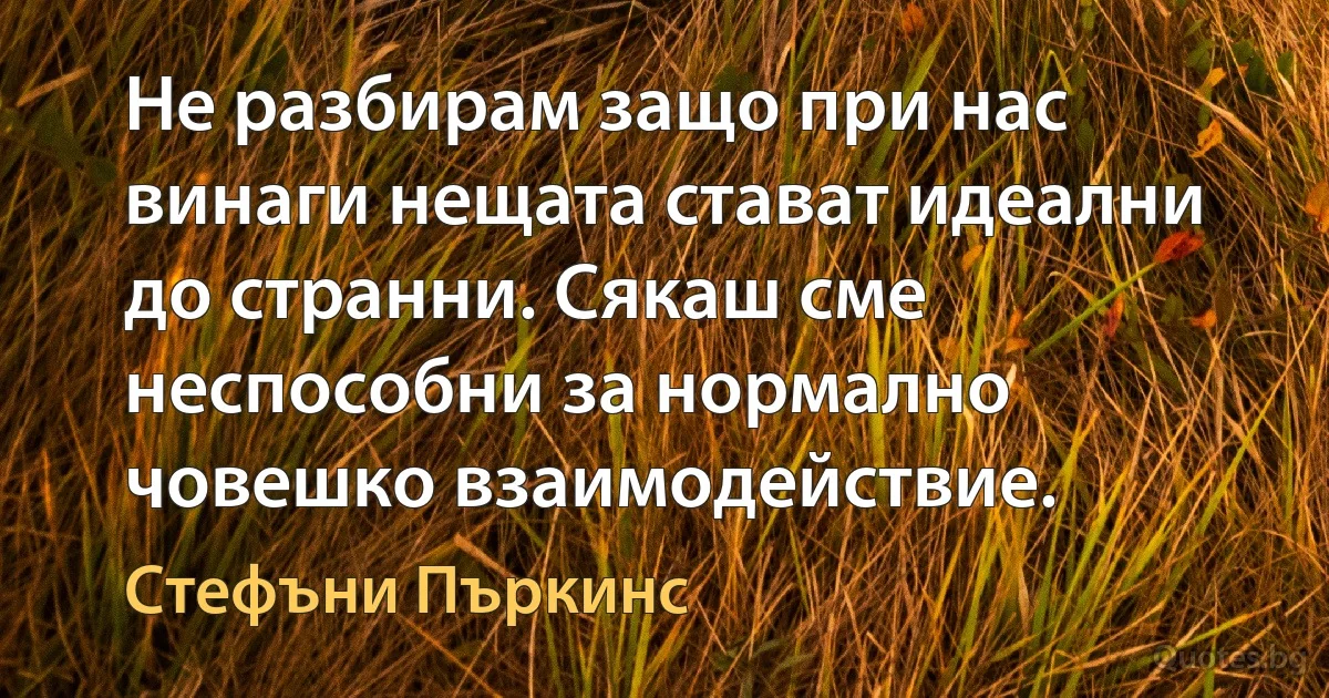 Не разбирам защо при нас винаги нещата стават идеални до странни. Сякаш сме неспособни за нормално човешко взаимодействие. (Стефъни Пъркинс)