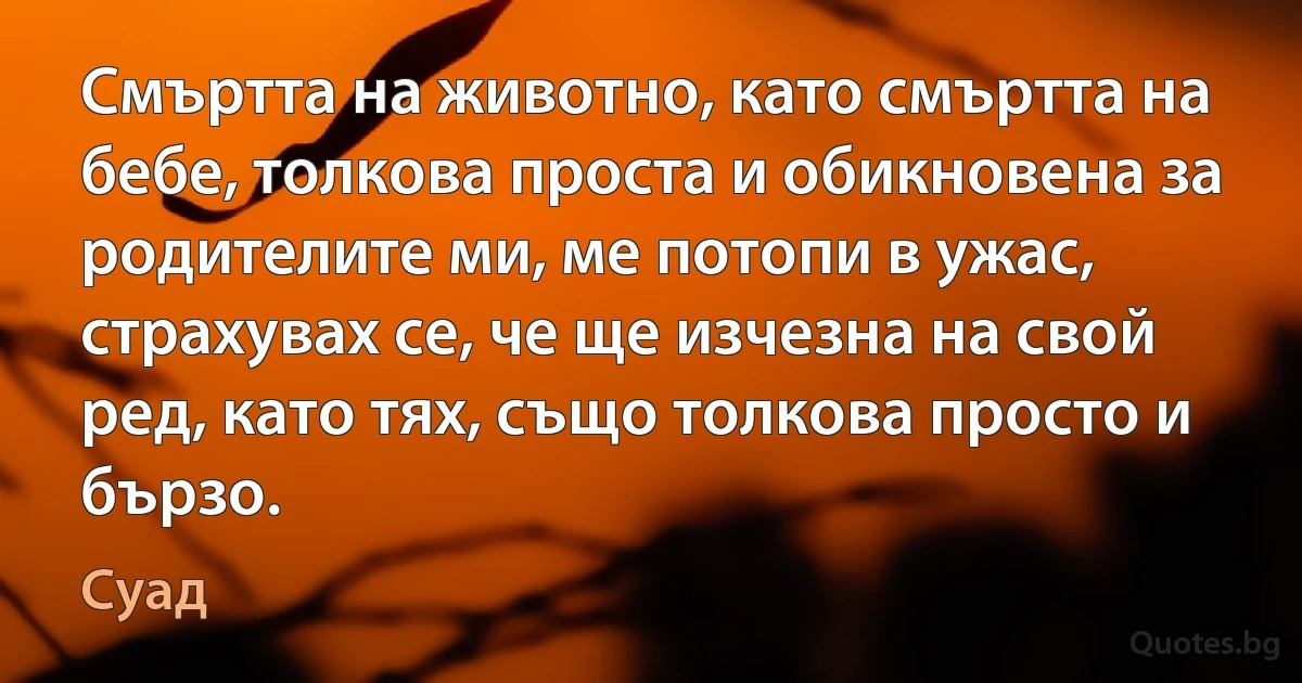 Смъртта на животно, като смъртта на бебе, толкова проста и обикновена за родителите ми, ме потопи в ужас, страхувах се, че ще изчезна на свой ред, като тях, също толкова просто и бързо. (Суад)