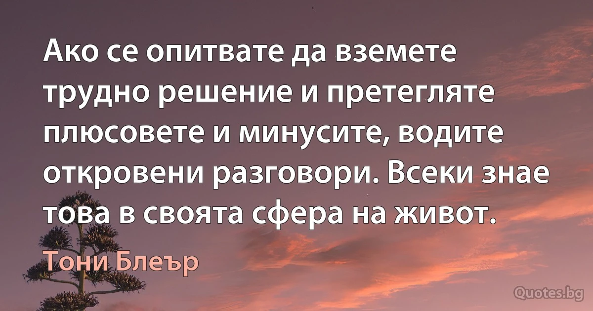 Ако се опитвате да вземете трудно решение и претегляте плюсовете и минусите, водите откровени разговори. Всеки знае това в своята сфера на живот. (Тони Блеър)