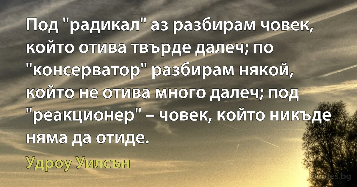 Под "радикал" аз разбирам човек, който отива твърде далеч; по "консерватор" разбирам някой, който не отива много далеч; под "реакционер" – човек, който никъде няма да отиде. (Удроу Уилсън)