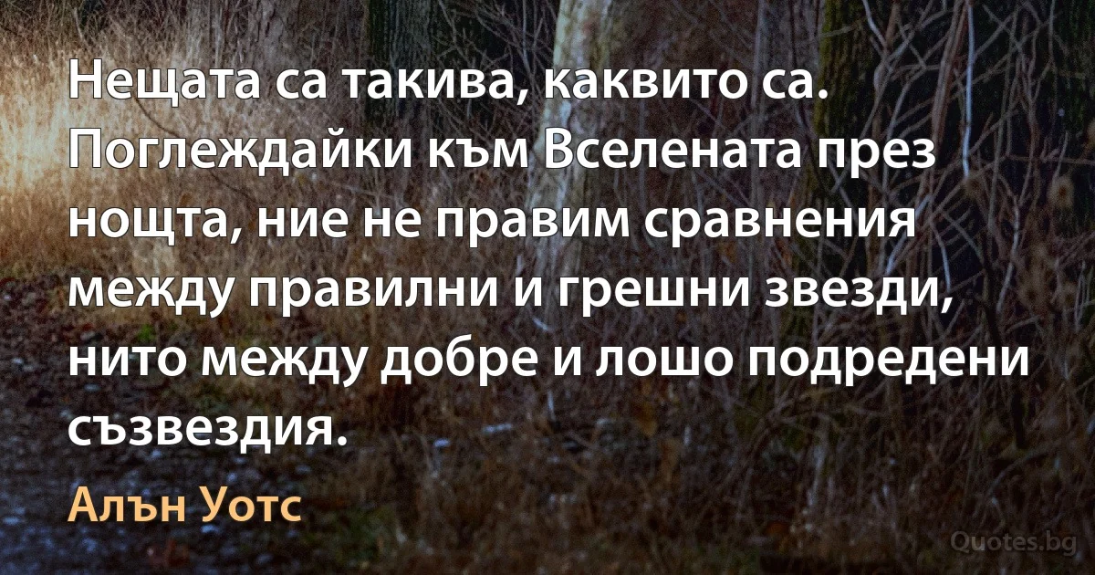 Нещата са такива, каквито са. Поглеждайки към Вселената през нощта, ние не правим сравнения между правилни и грешни звезди, нито между добре и лошо подредени съзвездия. (Алън Уотс)