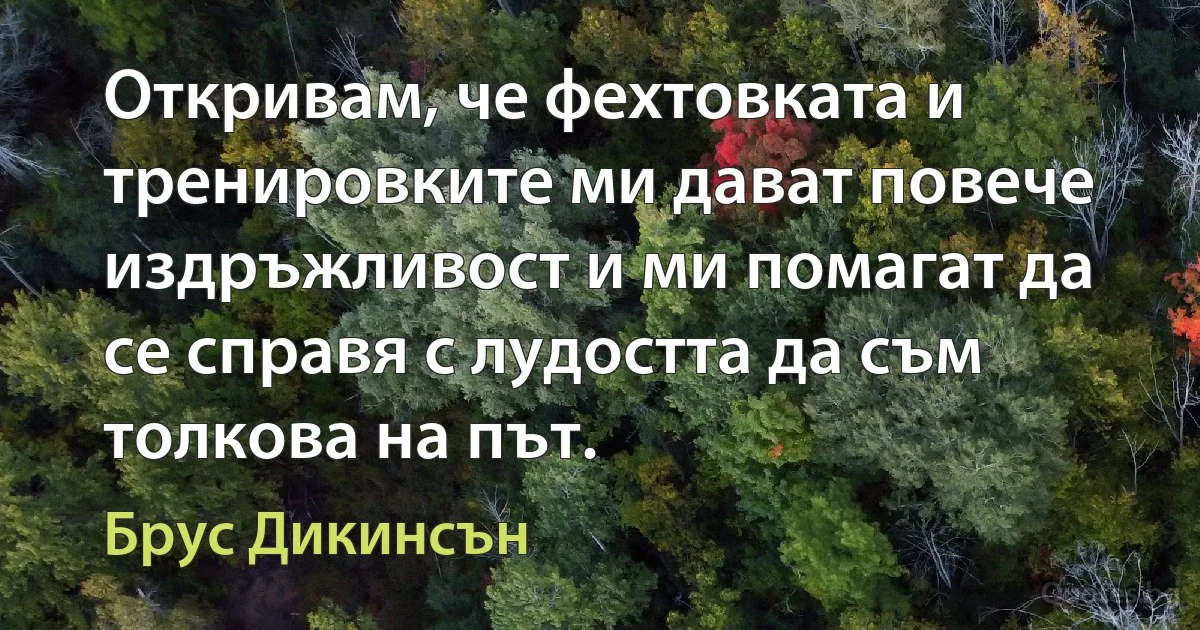 Откривам, че фехтовката и тренировките ми дават повече издръжливост и ми помагат да се справя с лудостта да съм толкова на път. (Брус Дикинсън)