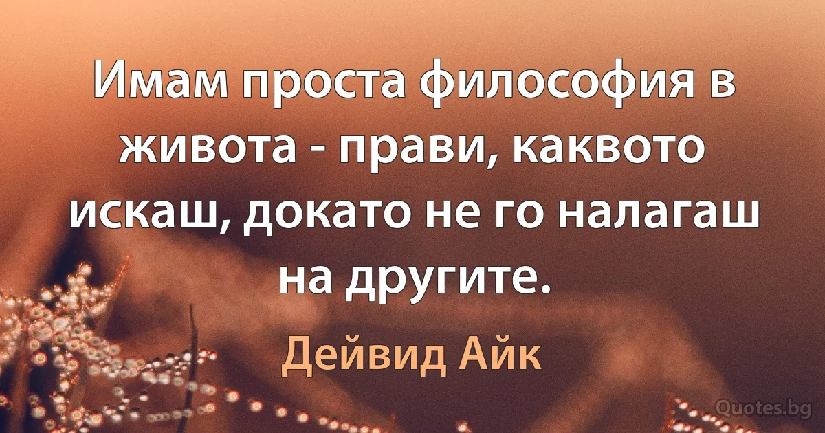 Имам проста философия в живота - прави, каквото искаш, докато не го налагаш на другите. (Дейвид Айк)