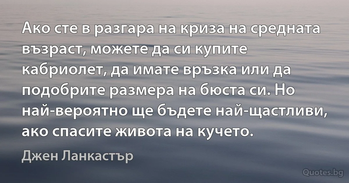 Ако сте в разгара на криза на средната възраст, можете да си купите кабриолет, да имате връзка или да подобрите размера на бюста си. Но най-вероятно ще бъдете най-щастливи, ако спасите живота на кучето. (Джен Ланкастър)