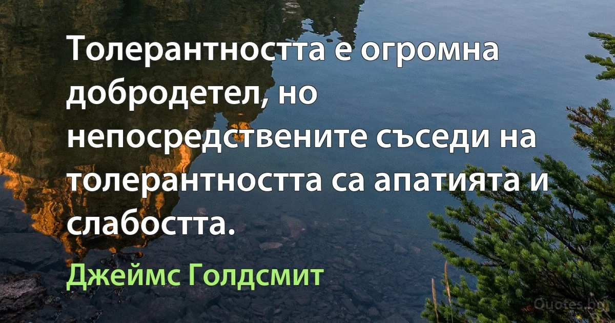 Толерантността е огромна добродетел, но непосредствените съседи на толерантността са апатията и слабостта. (Джеймс Голдсмит)