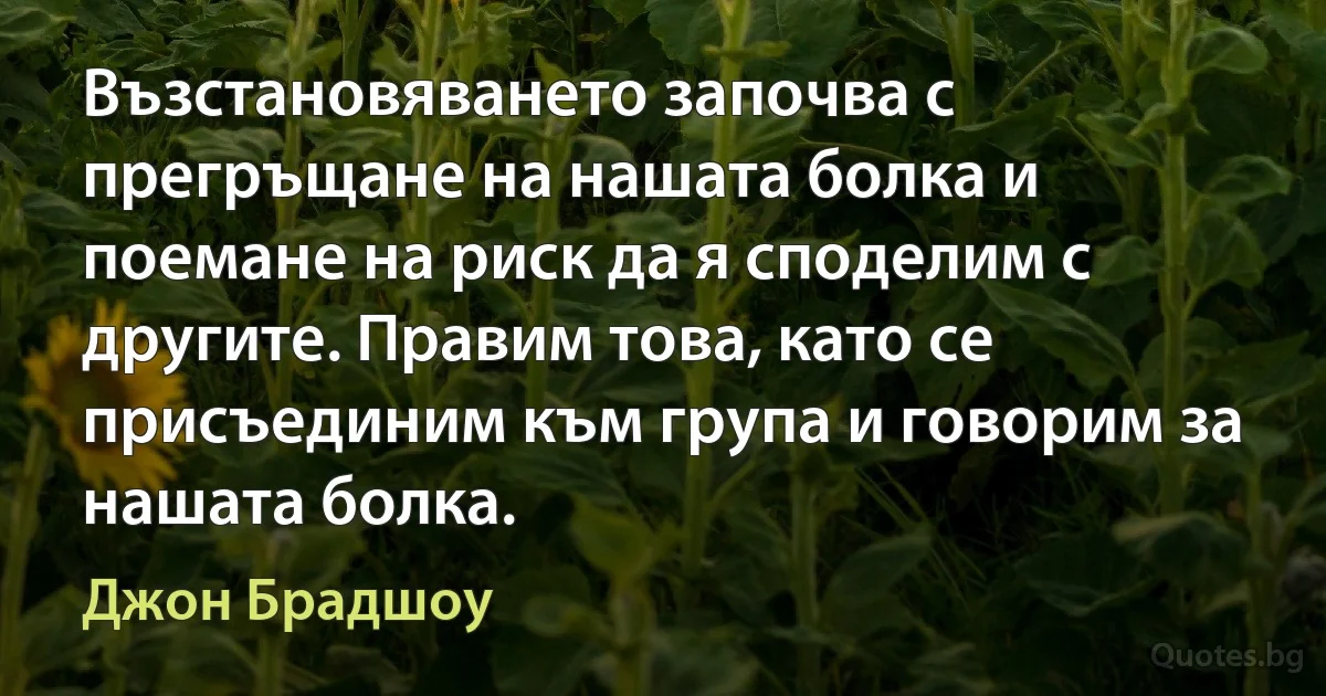 Възстановяването започва с прегръщане на нашата болка и поемане на риск да я споделим с другите. Правим това, като се присъединим към група и говорим за нашата болка. (Джон Брадшоу)