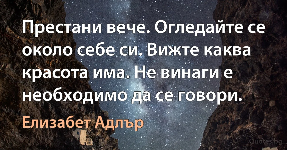 Престани вече. Огледайте се около себе си. Вижте каква красота има. Не винаги е необходимо да се говори. (Елизабет Адлър)