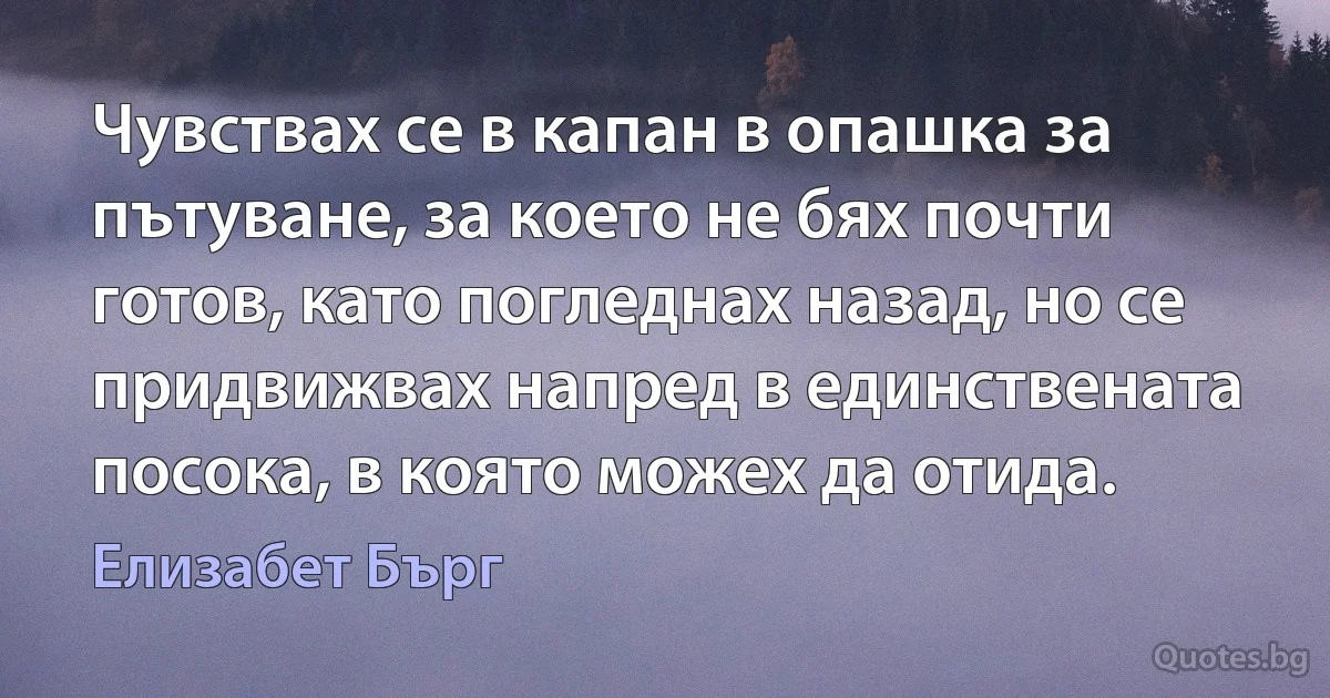 Чувствах се в капан в опашка за пътуване, за което не бях почти готов, като погледнах назад, но се придвижвах напред в единствената посока, в която можех да отида. (Елизабет Бърг)