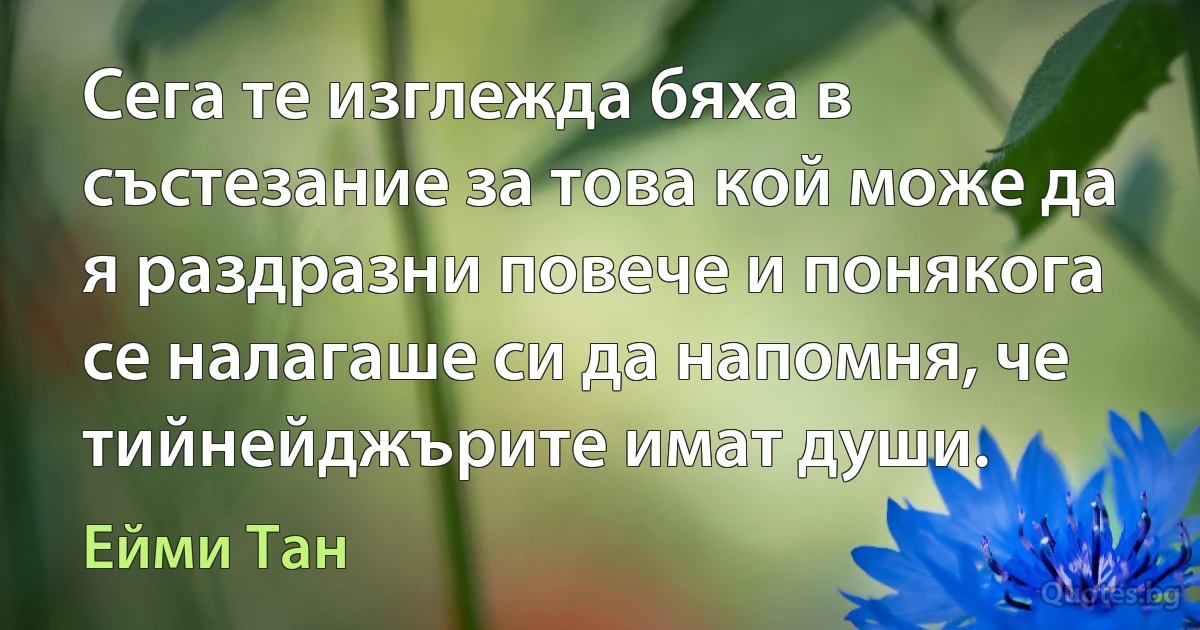 Сега те изглежда бяха в състезание за това кой може да я раздразни повече и понякога се налагаше си да напомня, че тийнейджърите имат души. (Ейми Тан)