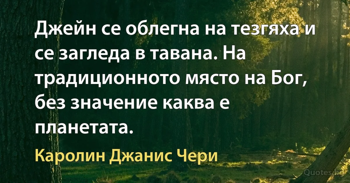 Джейн се облегна на тезгяха и се загледа в тавана. На традиционното място на Бог, без значение каква е планетата. (Каролин Джанис Чери)