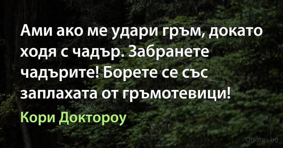 Ами ако ме удари гръм, докато ходя с чадър. Забранете чадърите! Борете се със заплахата от гръмотевици! (Кори Доктороу)