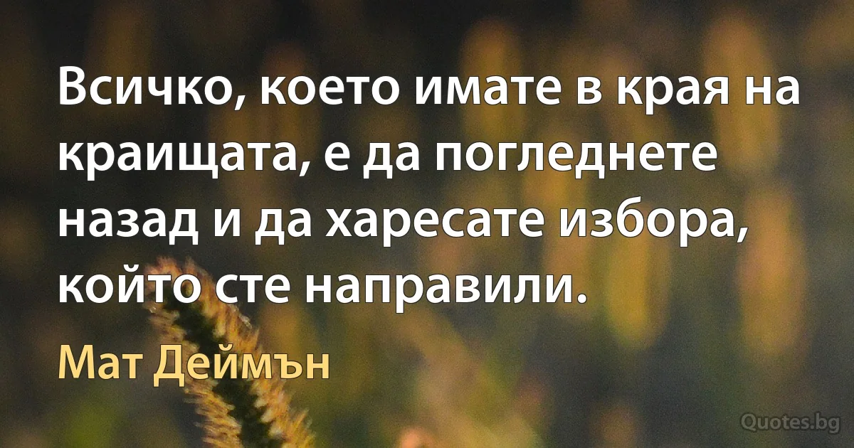 Всичко, което имате в края на краищата, е да погледнете назад и да харесате избора, който сте направили. (Мат Деймън)