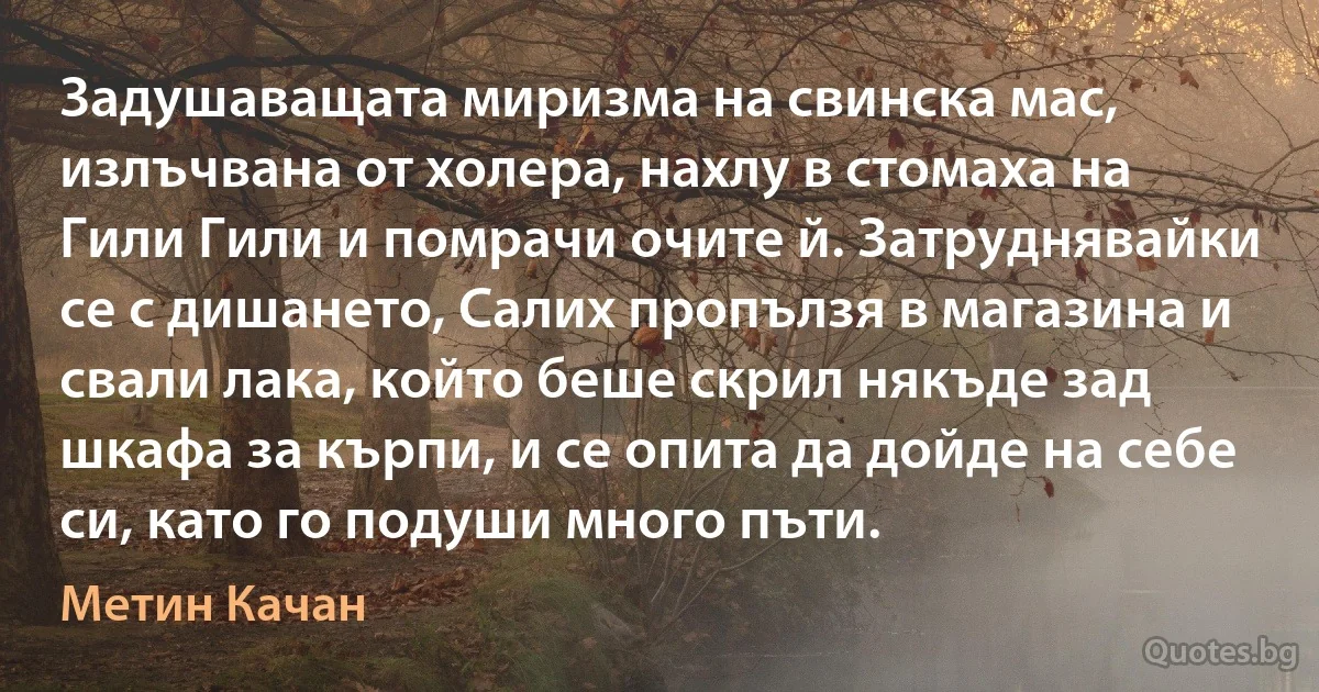 Задушаващата миризма на свинска мас, излъчвана от холера, нахлу в стомаха на Гили Гили и помрачи очите й. Затруднявайки се с дишането, Салих пропълзя в магазина и свали лака, който беше скрил някъде зад шкафа за кърпи, и се опита да дойде на себе си, като го подуши много пъти. (Метин Качан)